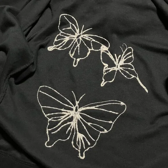 BCBG Maxazria Black Velour Hoodie With Green Butterflies, Size Large, Full Zip - Picture 10 of 13